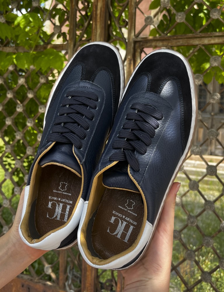 Ανδρικά μπλε δερμάτινα Sneakers με suede λεπτομέρεια HG177817 φωτογραφία